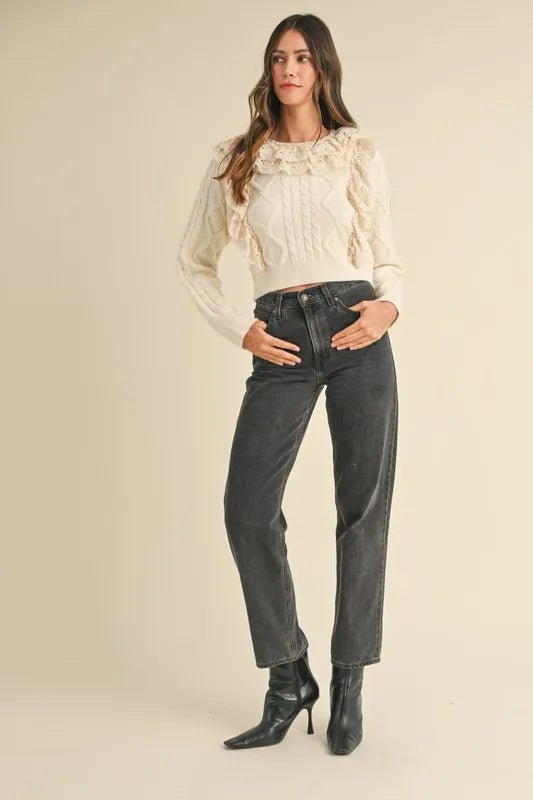 Mable - Ivory Cable Knit Ruffle Sweater