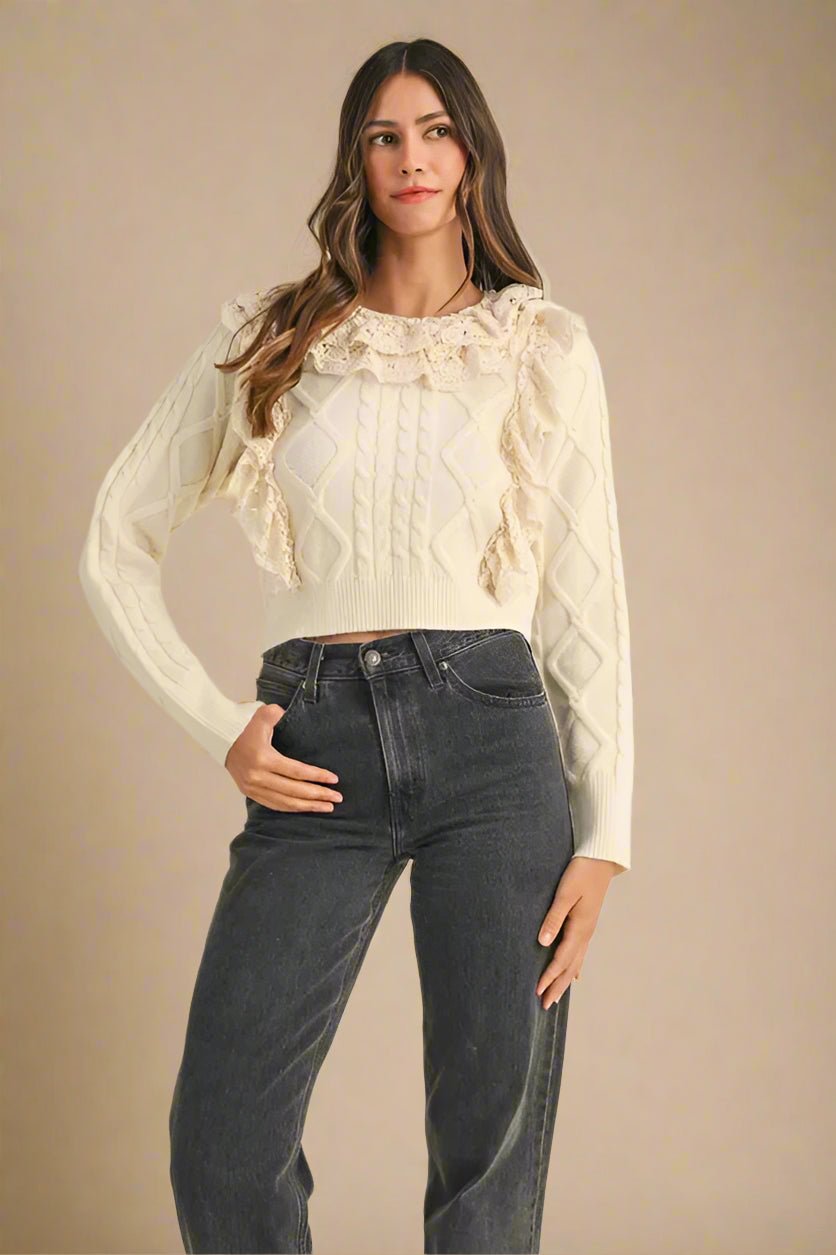 Mable - Ivory Cable Knit Ruffle Sweater