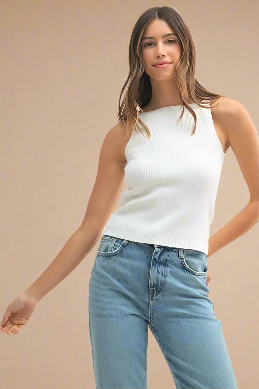 Mable - Ivory Ribbed Knit High Neck Tank