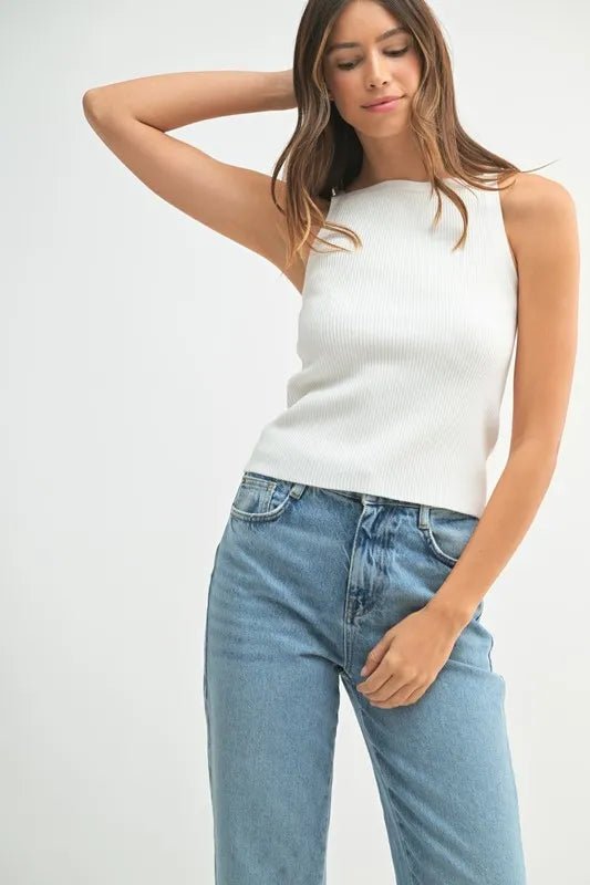 Mable - Ivory Ribbed Knit High Neck Tank