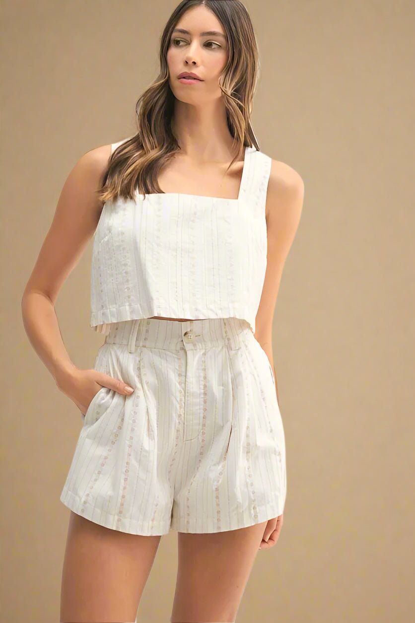 Mable - Ivory Striped Crop Top & Shorts Set