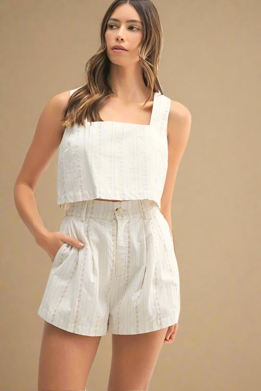 Mable - Ivory Striped Crop Top & Shorts Set
