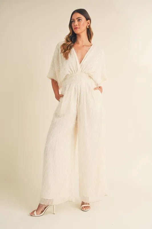 Mable - Ivory Textured Wide - Leg Jumpsuit