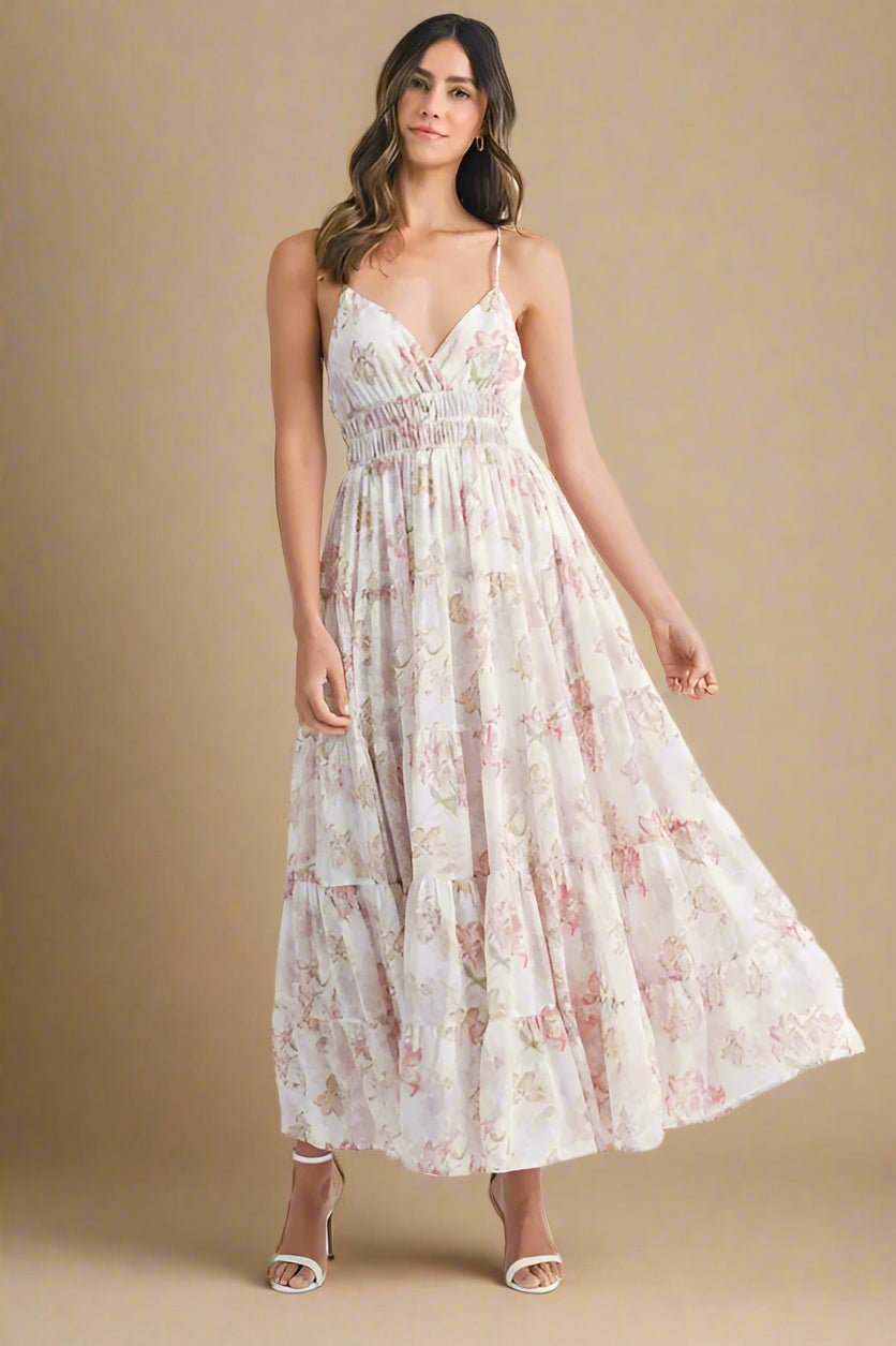 Mable - Ivory Watercolor Floral Tiered Maxi Dress
