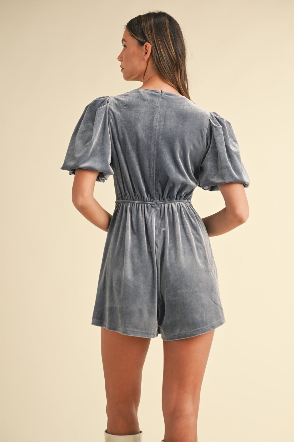 Mable - Jeweled Bow Puff Sleeve Velvet Romper in Dusty Blue