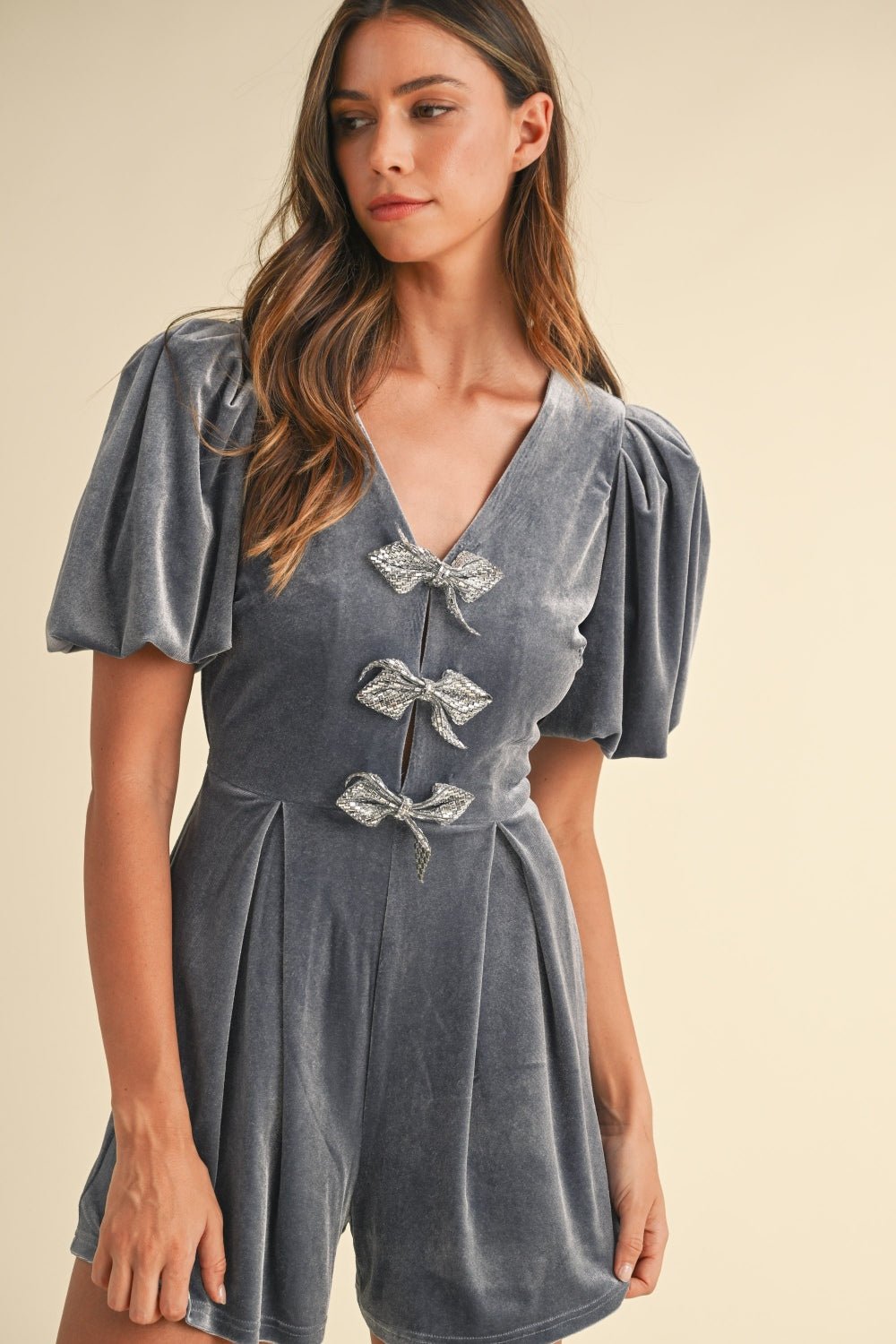 Mable - Jeweled Bow Puff Sleeve Velvet Romper in Dusty Blue