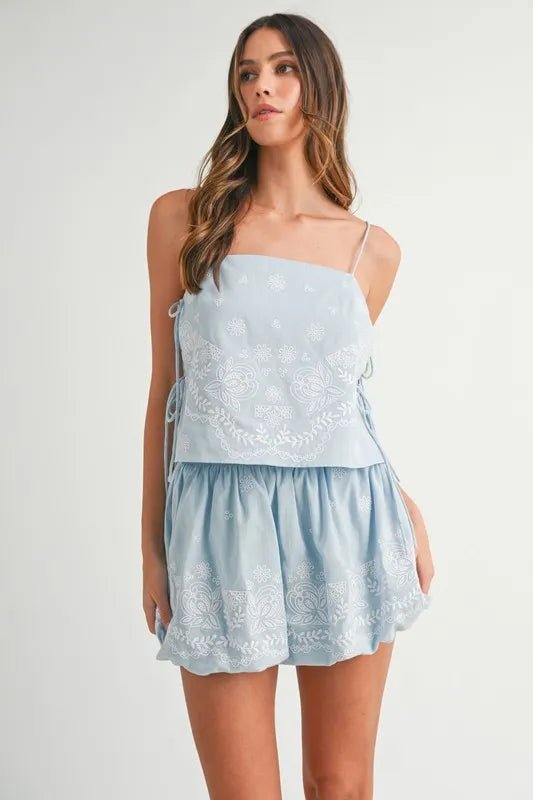 Mable - Light Blue Embroidered Tie - Side Mini Skirt Set