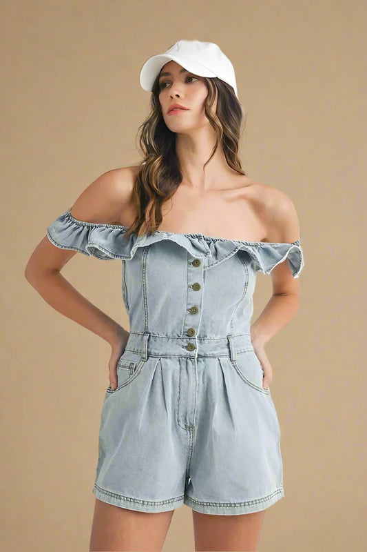 Mable - Light Wash Off - Shoulder Denim Romper