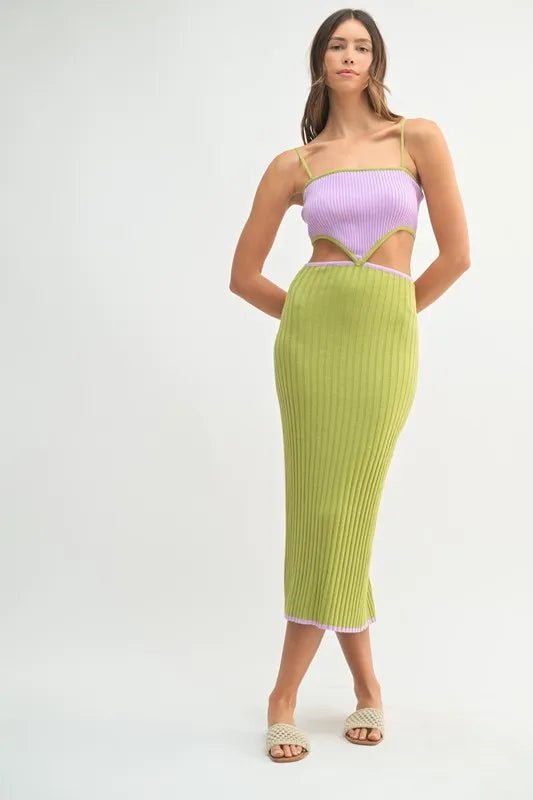 Mable - Lilac & Kiwi Ribbed Knit Cutout Midi Dress