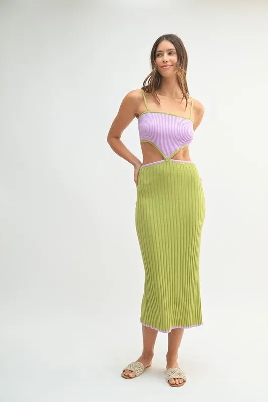 Mable - Lilac & Kiwi Ribbed Knit Cutout Midi Dress