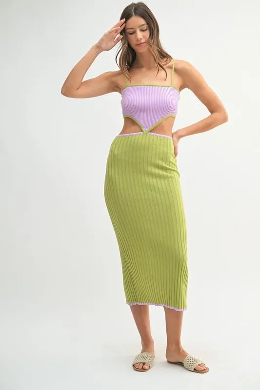 Mable - Lilac & Kiwi Ribbed Knit Cutout Midi Dress