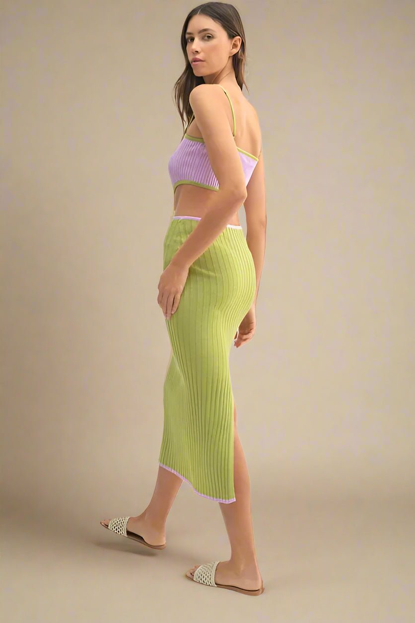 Mable - Lilac & Kiwi Ribbed Knit Cutout Midi Dress