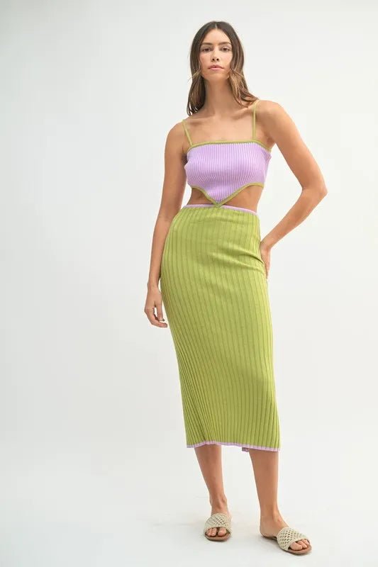Mable - Lilac & Kiwi Ribbed Knit Cutout Midi Dress