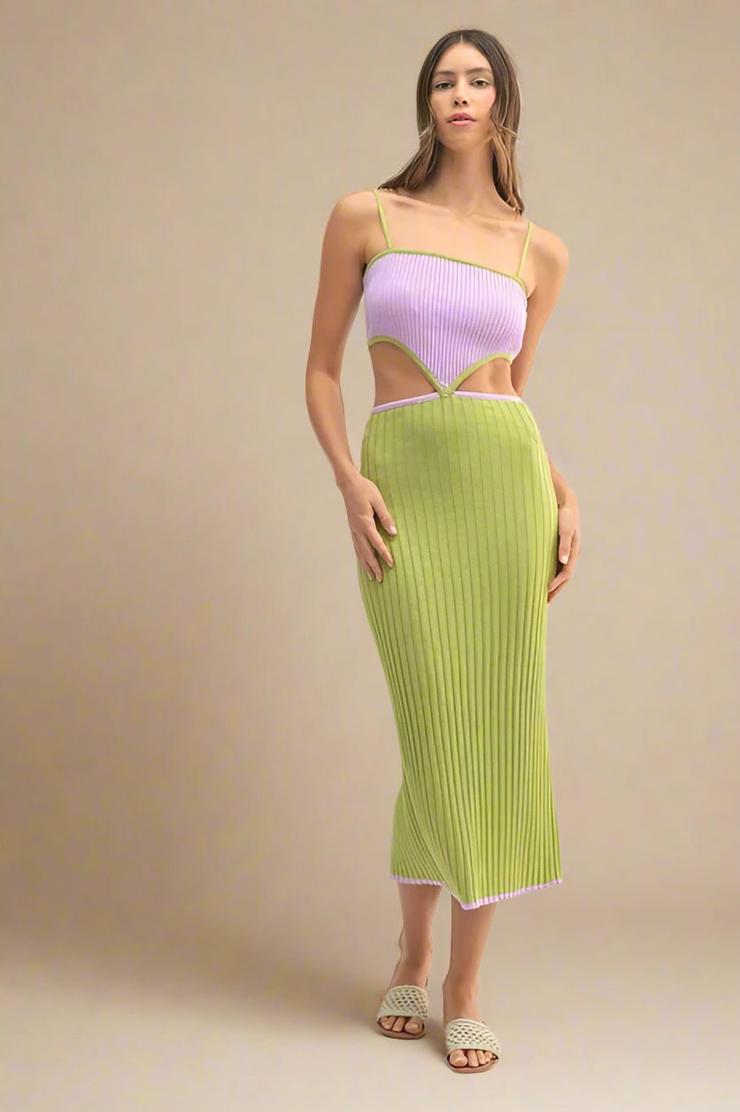 Mable - Lilac & Kiwi Ribbed Knit Cutout Midi Dress