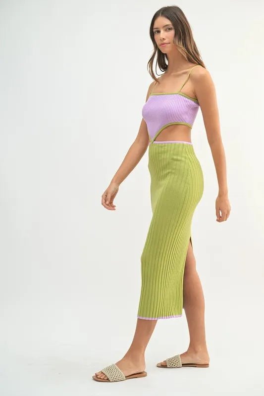 Mable - Lilac & Kiwi Ribbed Knit Cutout Midi Dress