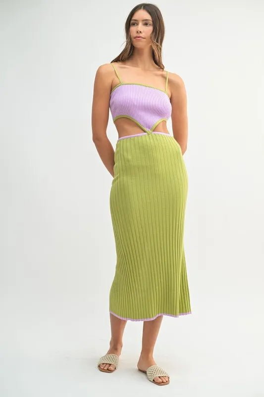 Mable - Lilac & Kiwi Ribbed Knit Cutout Midi Dress