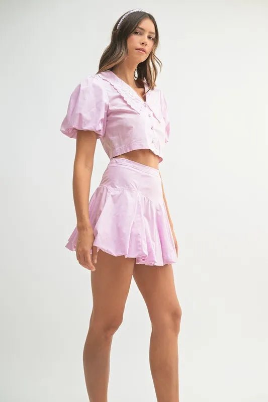Mable - Lilac Puff Sleeve Bubble Mini Skirt Set