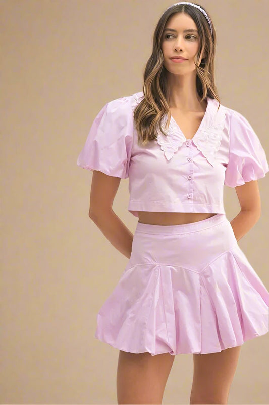 Mable - Lilac Puff Sleeve Bubble Mini Skirt Set