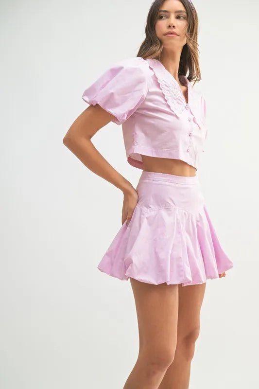Mable - Lilac Puff Sleeve Bubble Mini Skirt Set