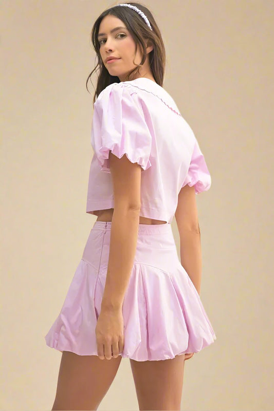 Mable - Lilac Puff Sleeve Bubble Mini Skirt Set