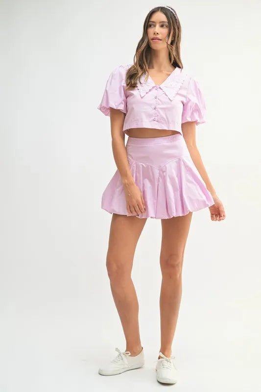 Mable - Lilac Puff Sleeve Bubble Mini Skirt Set