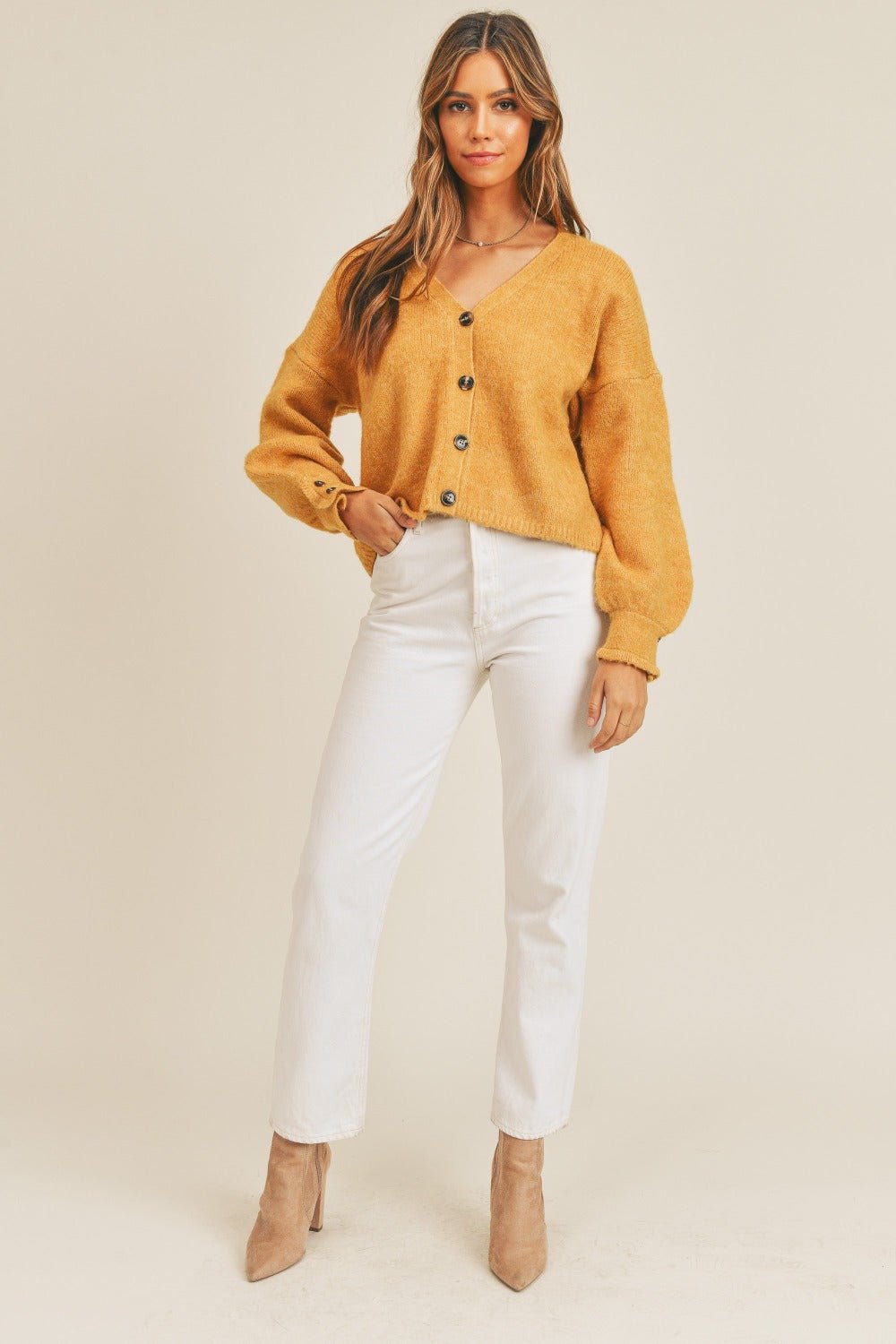 Mable - Long Sleeve Button Down Cardigan in Mustard