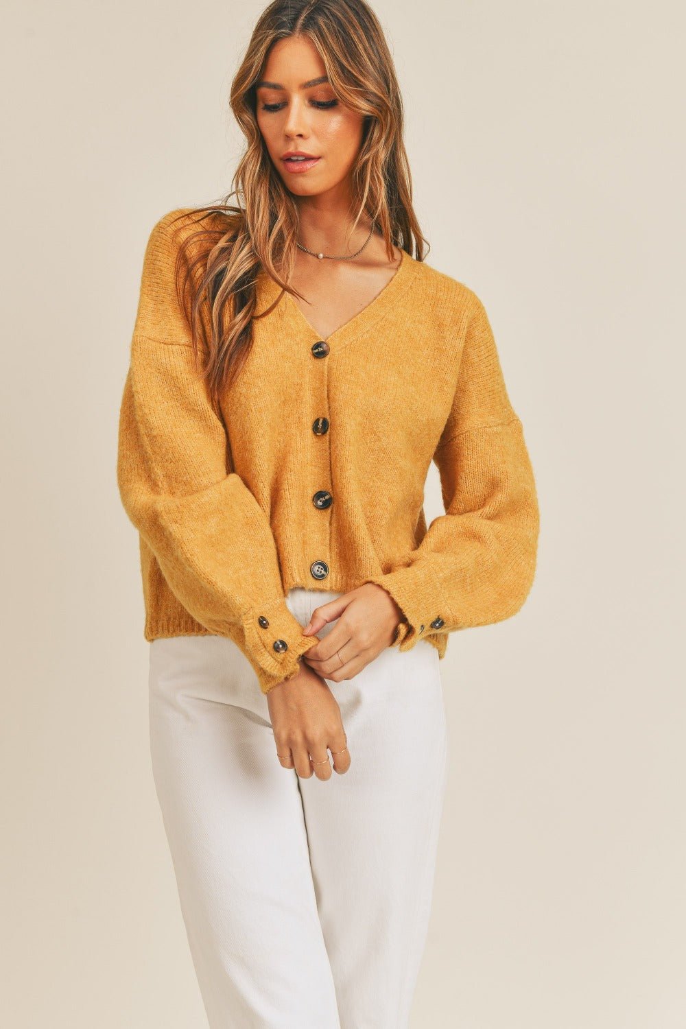 Mable - Long Sleeve Button Down Cardigan in Mustard