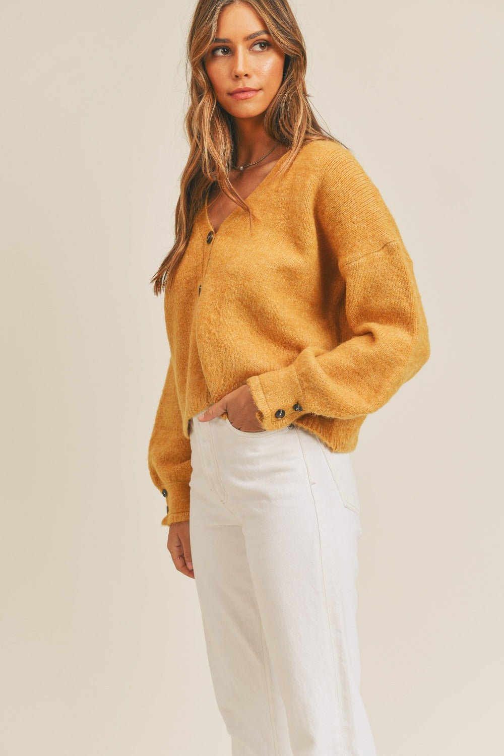 Mable - Long Sleeve Button Down Cardigan in Mustard