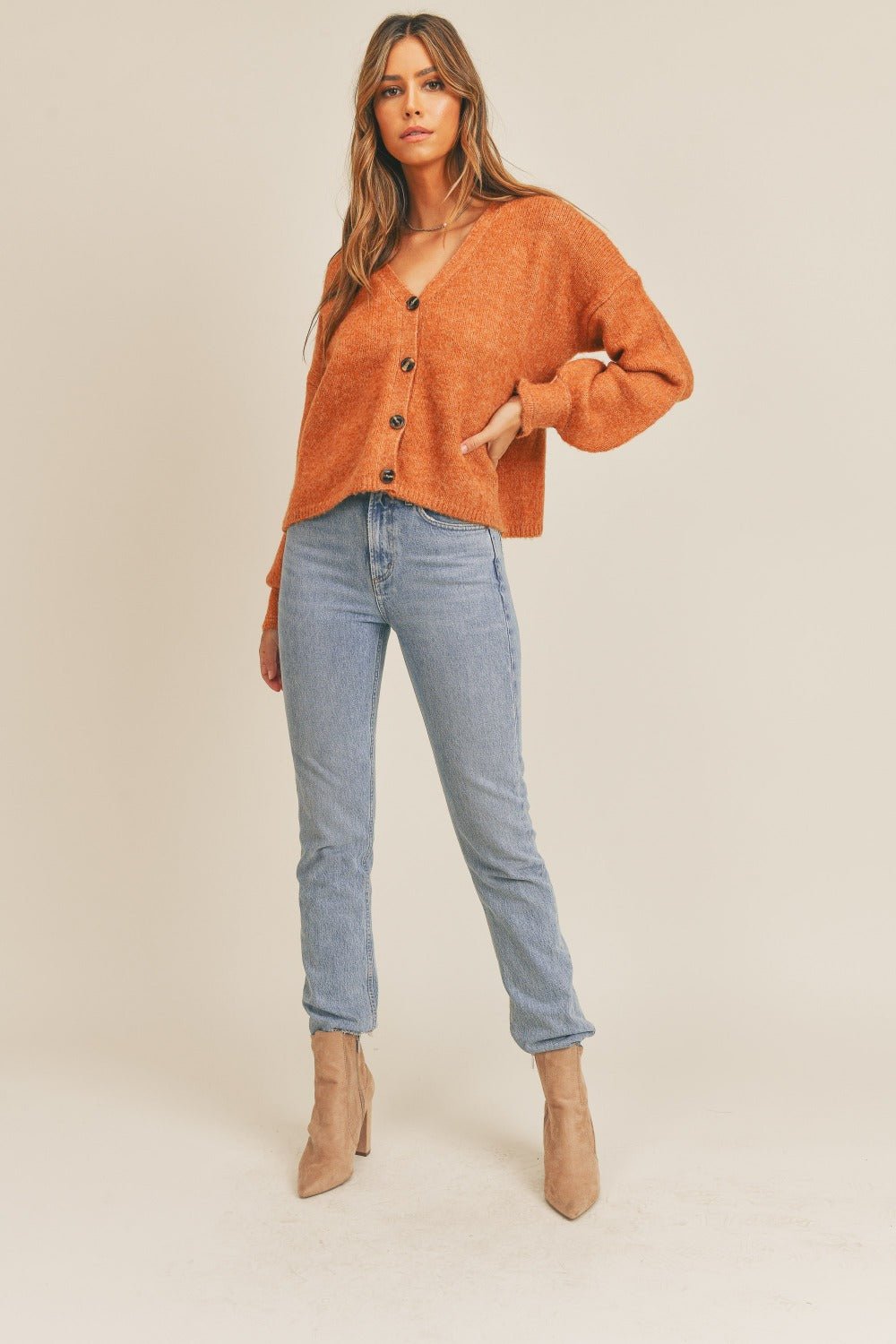 Mable - Long Sleeve Button Down Cardigan in Rust