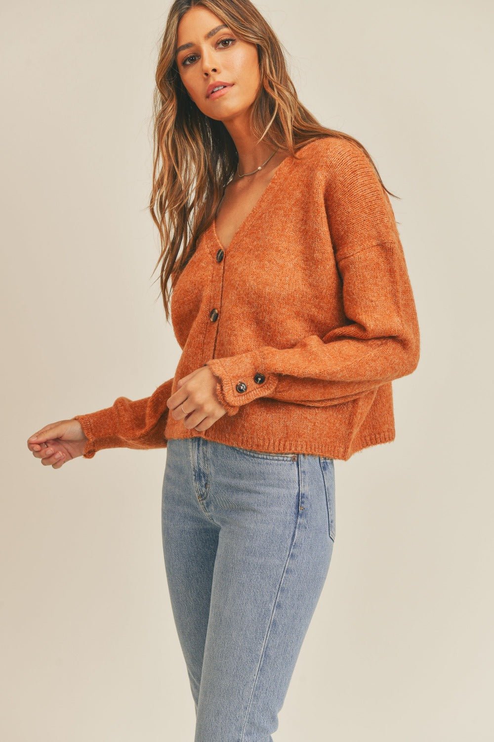 Mable - Long Sleeve Button Down Cardigan in Rust