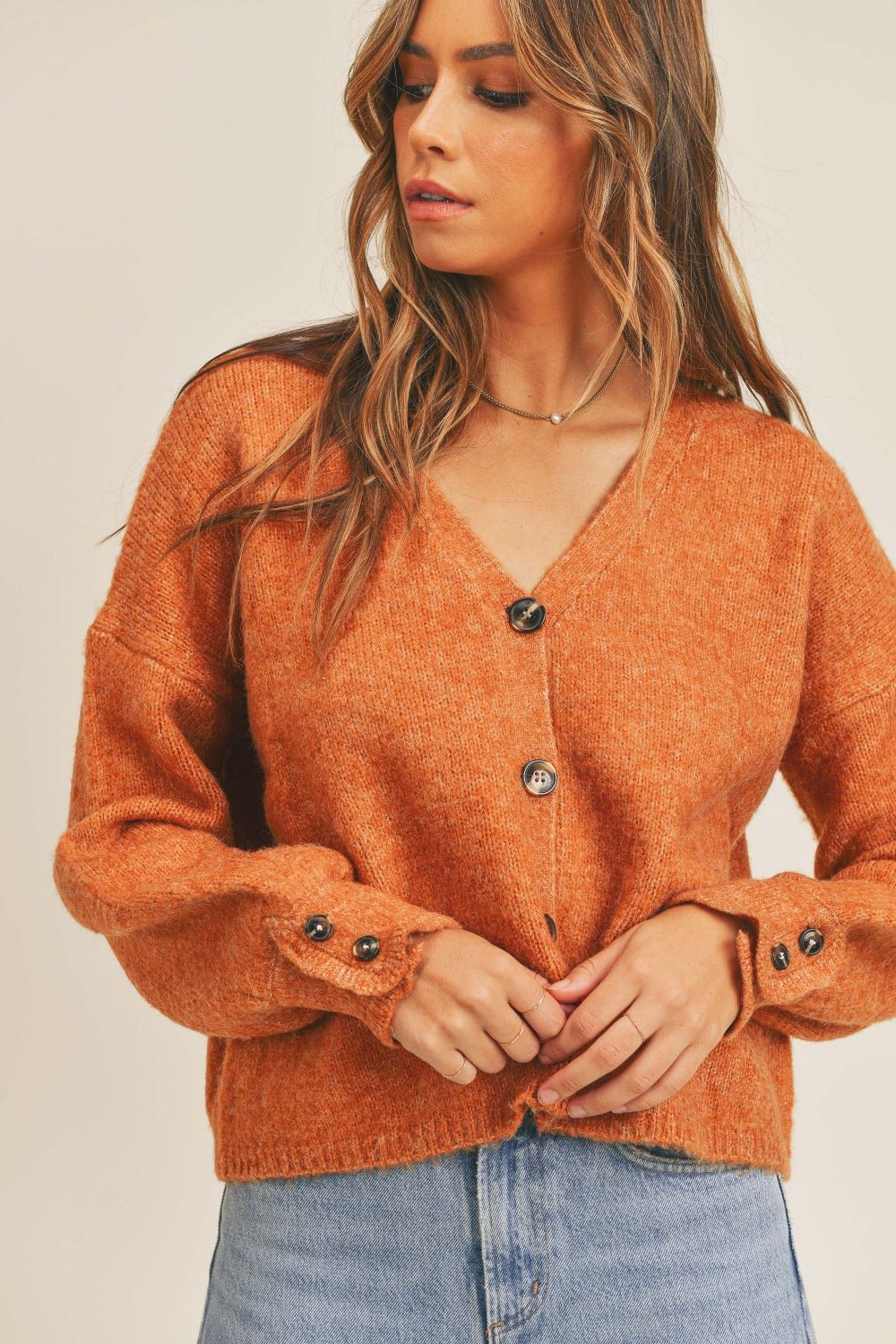 Mable - Long Sleeve Button Down Cardigan in Rust