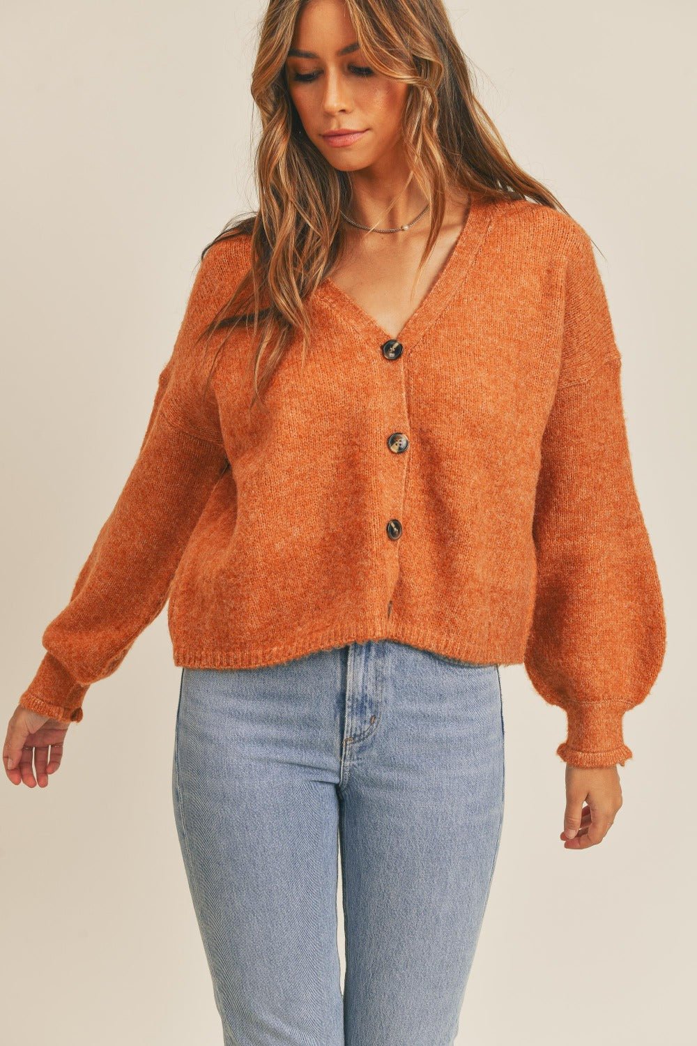 Mable - Long Sleeve Button Down Cardigan in Rust