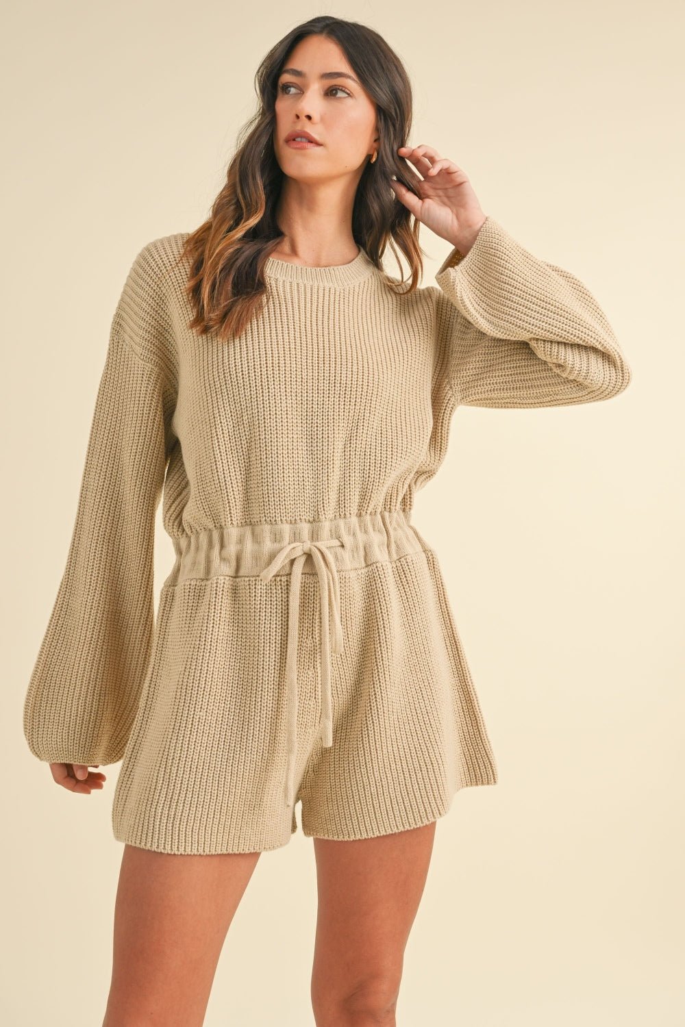 Mable - Long Sleeve Sweater Romper in Taupe