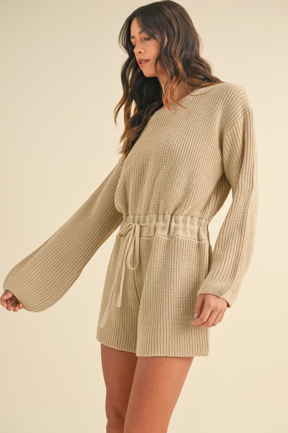 Mable - Long Sleeve Sweater Romper in Taupe