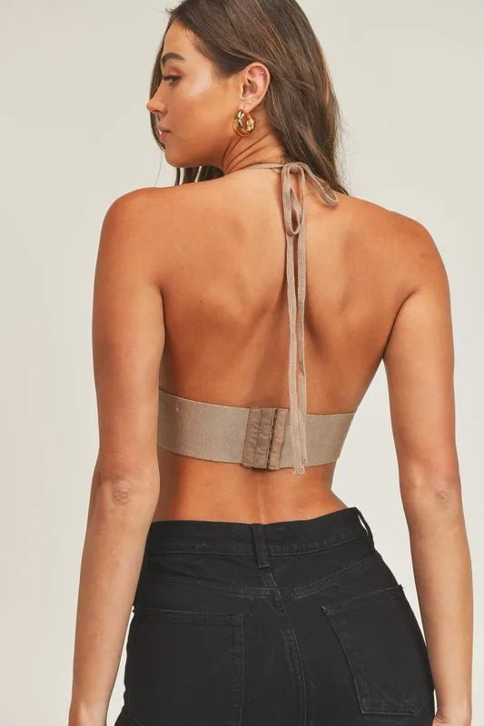 Mable - Long Sleeve Top & Halter Bralette Set in Mocha Taupe