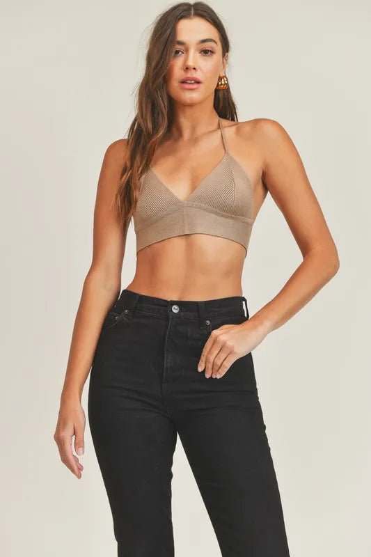 Mable - Long Sleeve Top & Halter Bralette Set in Mocha Taupe