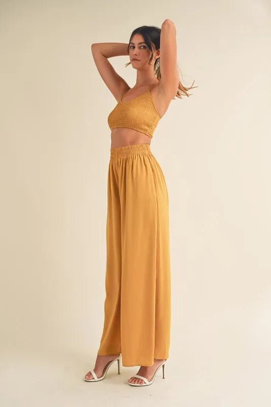Mable - Marigold Smocked Crop Top & Wide Leg Pant Set