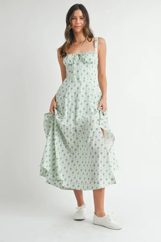 Mable - Mint Blue Ditsy Floral Corset Midi Dress
