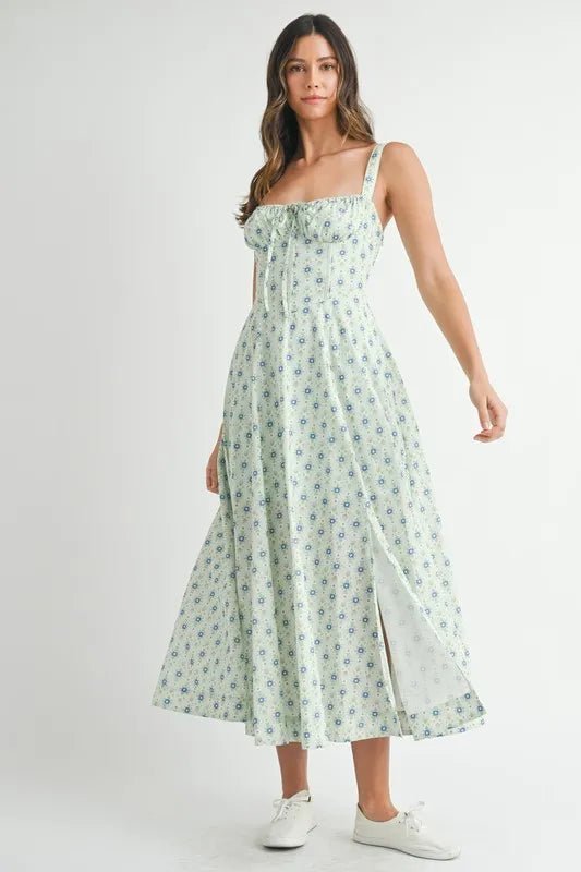 Mable - Mint Blue Ditsy Floral Corset Midi Dress