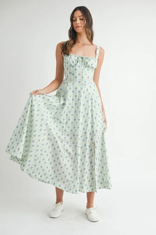 Mable - Mint Blue Ditsy Floral Corset Midi Dress