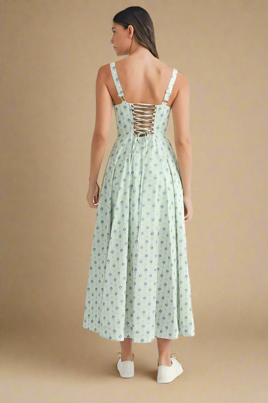 Mable - Mint Blue Ditsy Floral Corset Midi Dress