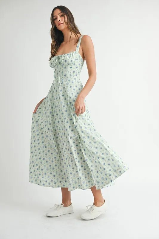 Mable - Mint Blue Ditsy Floral Corset Midi Dress