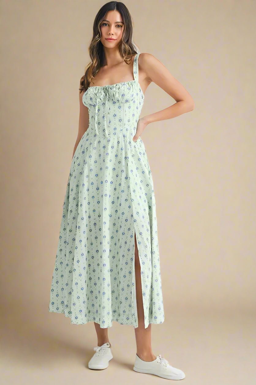 Mable - Mint Blue Ditsy Floral Corset Midi Dress