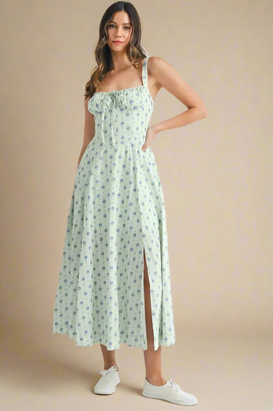 Mable - Mint Blue Ditsy Floral Corset Midi Dress