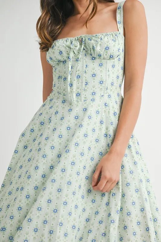 Mable - Mint Blue Ditsy Floral Corset Midi Dress