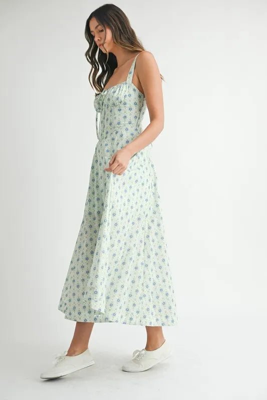 Mable - Mint Blue Ditsy Floral Corset Midi Dress