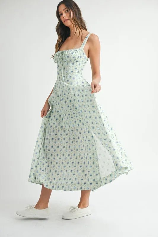 Mable - Mint Blue Ditsy Floral Corset Midi Dress