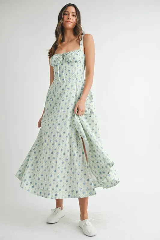 Mable - Mint Blue Ditsy Floral Corset Midi Dress