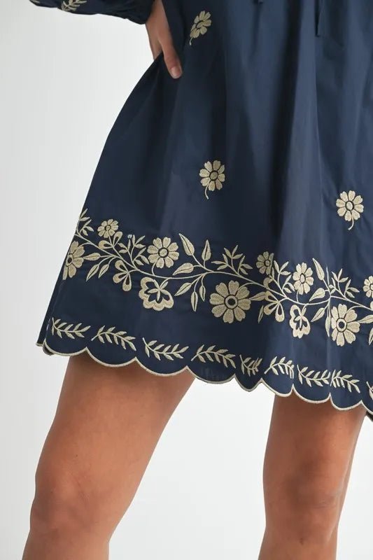 Mable - Navy & Taupe Floral Embroidered Mini Dress