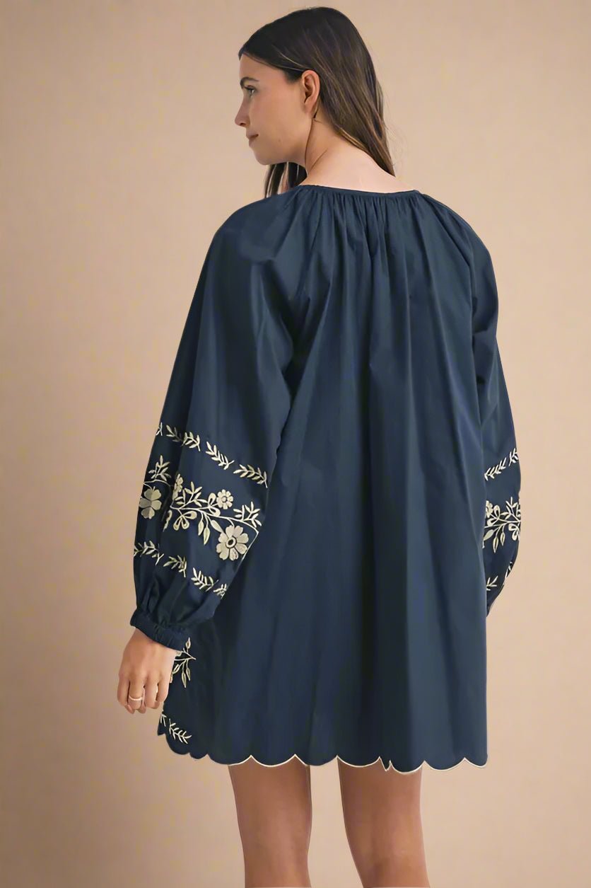 Mable - Navy & Taupe Floral Embroidered Mini Dress